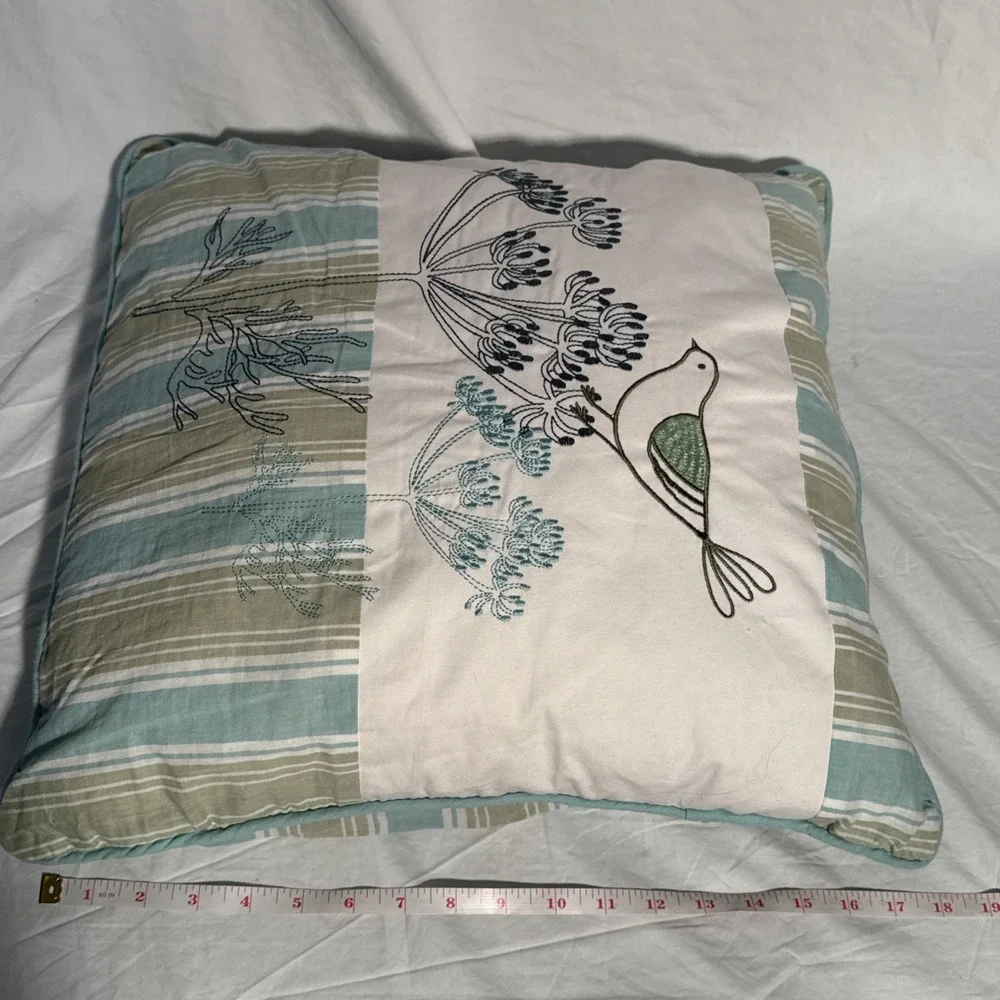 Embroidered  Bird On a Plant Throw Pillow Blue & Green With Tie Closure